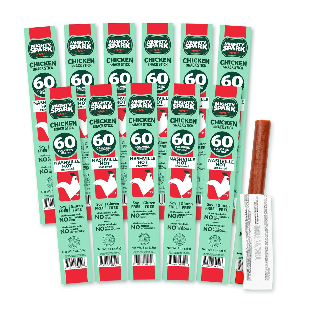 Mighty Spark Chicken Snack Sticks - Original Sea Salt & Pepper- 6g of Protein, No Antibiotics Ever, No Hormones Added, Gluten Free, Soy Free Meat Sticks - High Protein Keto Snacks - 12 Count