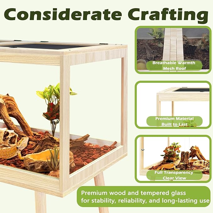 PROLEE Bearded Dragon Tank with Leg,Tempered Glass Lizard Tanks and Reptile Enclosure,Up to 78 Gallon Reptile Tank with Metal Mesh and Lockable Door for Snakes,Chameleon (Oak, 31Gallons,32inch)