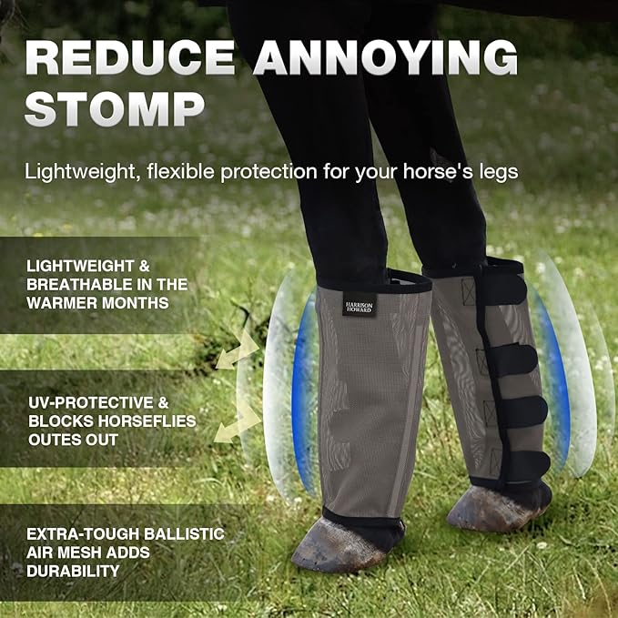 Harrison Howard Loose Fitting Fly Boots UV-Protective Extra Tough Mesh Ventilated Four Fasteners Stay-on Design Protect Horse Legs & Stomp-Reducing Set of 4 Dark Grey Small