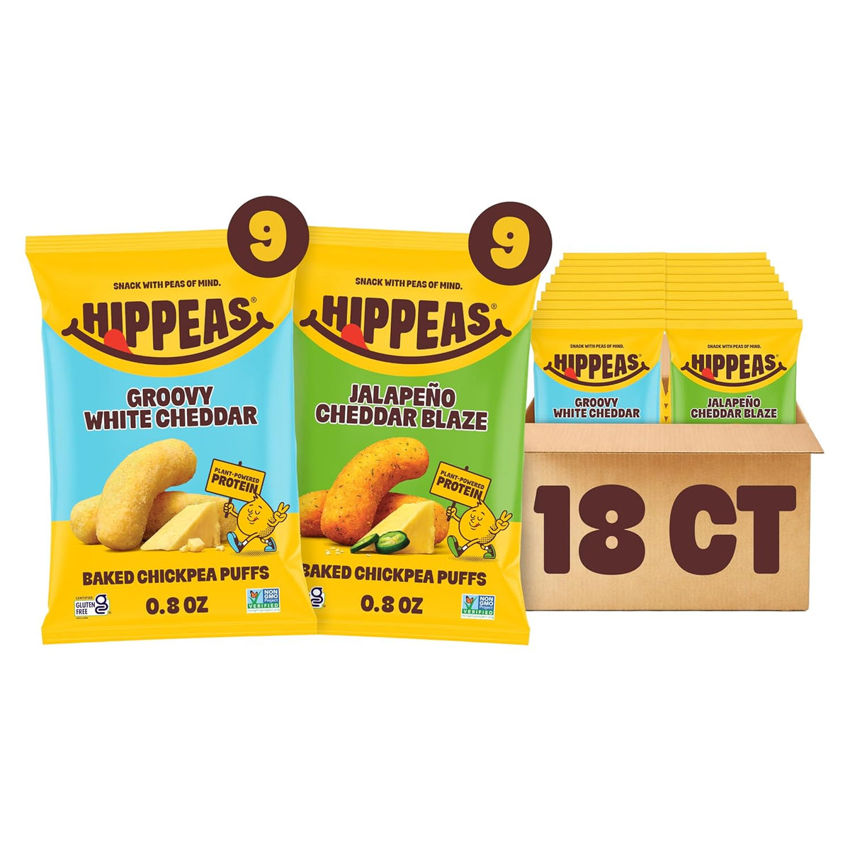Hippeas Chickpea Puffs, Cheese Variety Pack, Groovy White Cheddar, Jalapeño Cheddar Blaze, 18 x 0.8 oz, Baked Crunchy Chickpea Snacks, 3g Plant Protein, 2g Fiber & 50% Less Fat, Dairy & Gluten Free