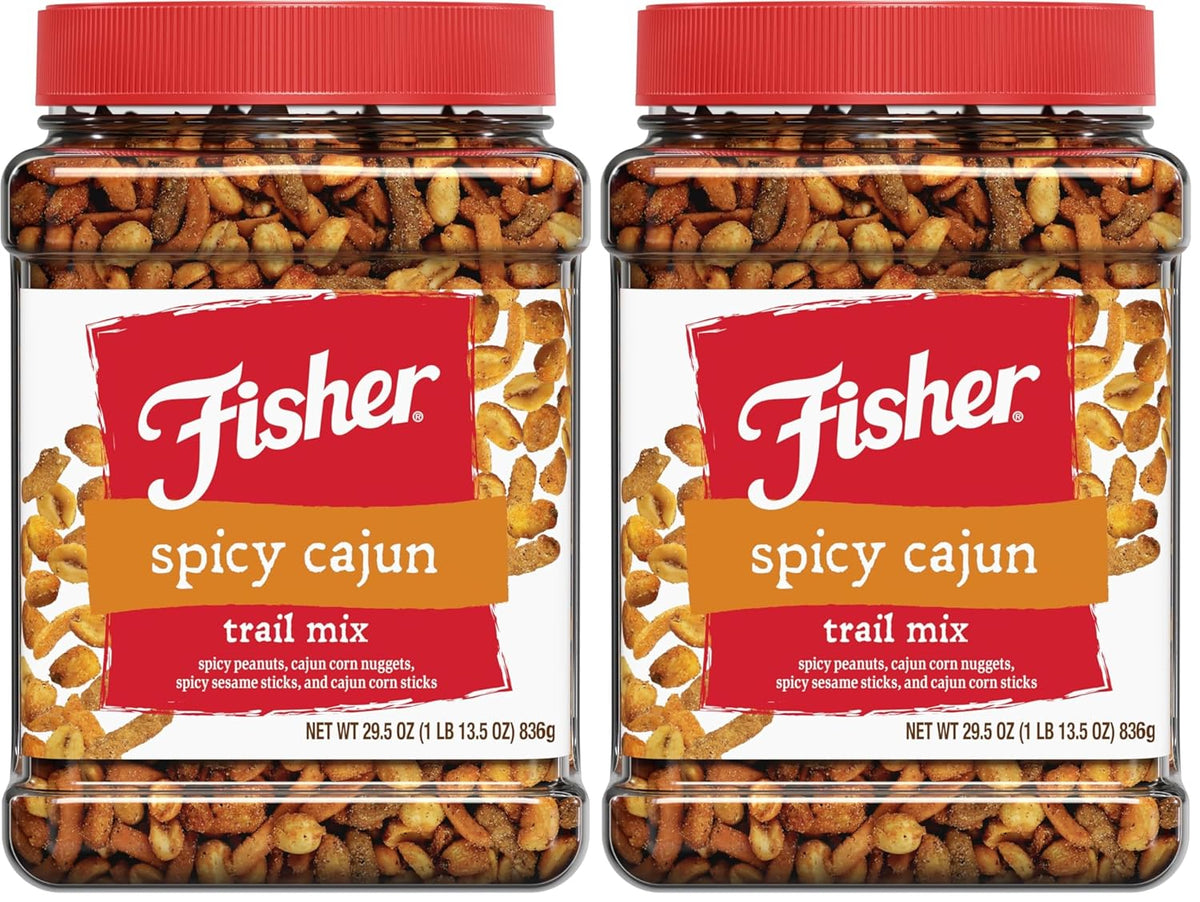 Fisher Snack Spicy Cajun Trail Mix, 29.5 oz (Pack of 1), Resealable Jar, Bold & Crunchy Snack Mix with Peanuts, Corn Nuggets, Sesame Sticks, and Corn Sticks, Mildly Spicy Party Trailmix, Snacks for Adults