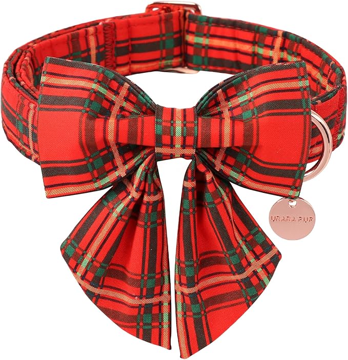 Christmas Dog Collar with Bow Tie, Cotton Christmas Plaid Collar for Medium Girl Boy Dog,Red &Green Plaid Dog Collar Bowtie with Durable Metal Buckle,Adorable Pet Collar,M,Neck 13.5-22in