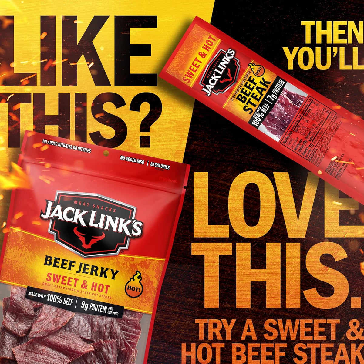 Jack Link's Beef Jerky, Sweet & Hot, Large Jerky Bags - Flavorful Meat Snacks, Ready to Eat Protein Snacks, 9g of Protein per Serving, Made with 100% Beef - 9 Oz. (Pack of 2)