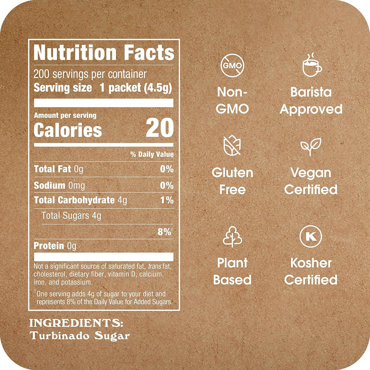 In The Raw Turbinado Cane Sugar Packets, 200 Ct Box, 1 Pack, Pure, All-Natural Turbinado Sugar, Non-GMO Project Verified, Kosher, Vegan and Gluten Free