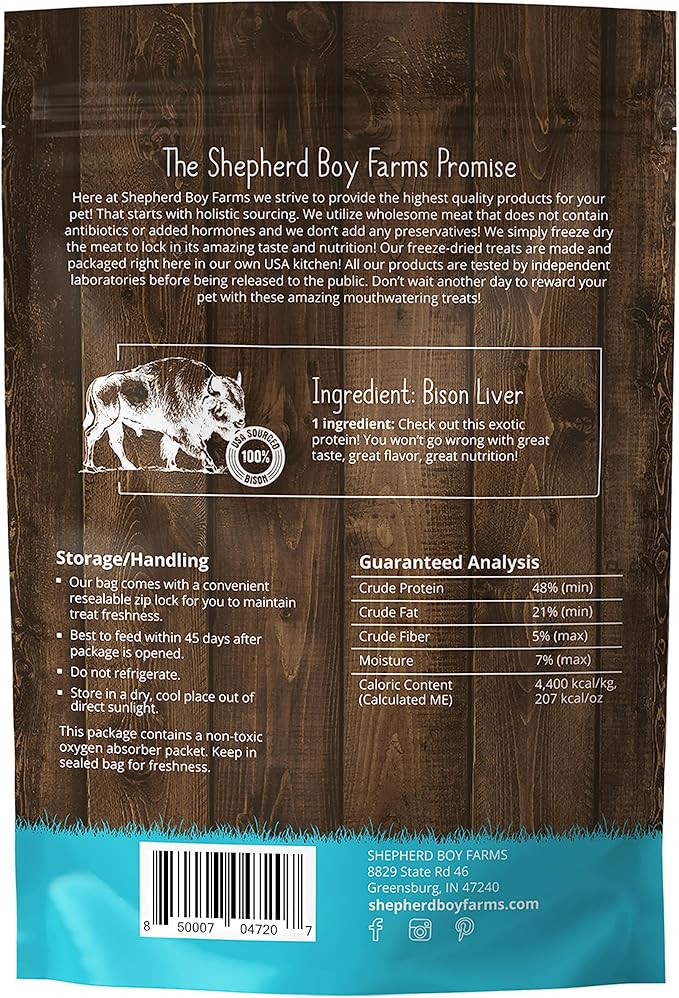 Shepherd Boy Farms Freeze Dried Dog and Cat Treats, Bison Liver, All Natural Freeze-Dried Dog Treat & Snacks, Made in USA, High in Protein, Essential Nutrition of Raw Food, 8oz