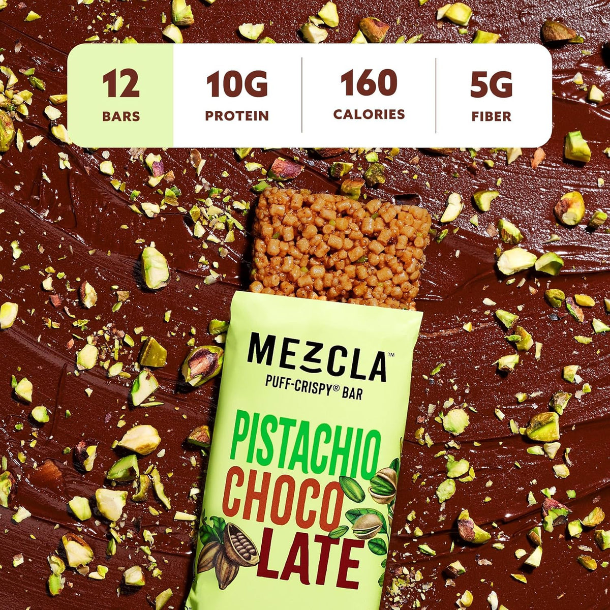 Mezcla Puff Crispy Protein Bars, Gluten Free & Vegan Protein Bars, 10g Protein, Alt for Crispy Rice Treat, Granola Bars & Breakfast Bars, Healthy Snacks for Adults, Pistachio Chocolate, 1 Count