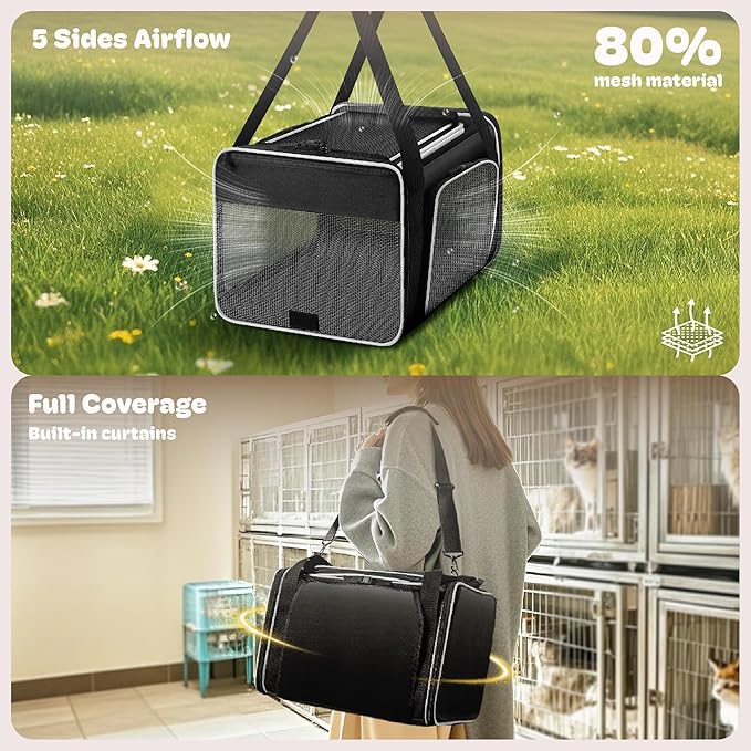 Top and 2 Sides Expandable Cat Carrier 18x11x11, TSA Airline Approved Dog Carriers for Small Dogs, Soft-Sided Pet Carrier with Self-Locking Zippers for Kitten,Rabbit, Puppy, Guinea Pig Black White