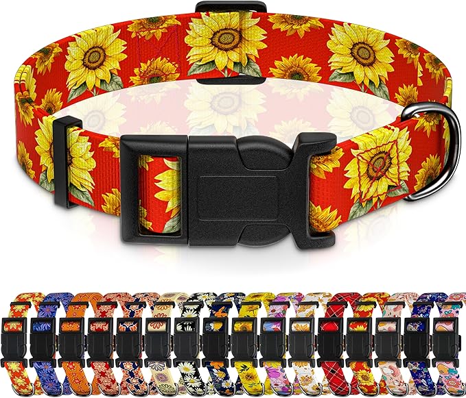 Sunflower Dog Collar, Floral Boys Girls Puppy Collar for Small Medium Large Dogs, Adjustable Soft Flower Pet Collar with Safety Buckle for Male Females(Red Sunflower, XS)