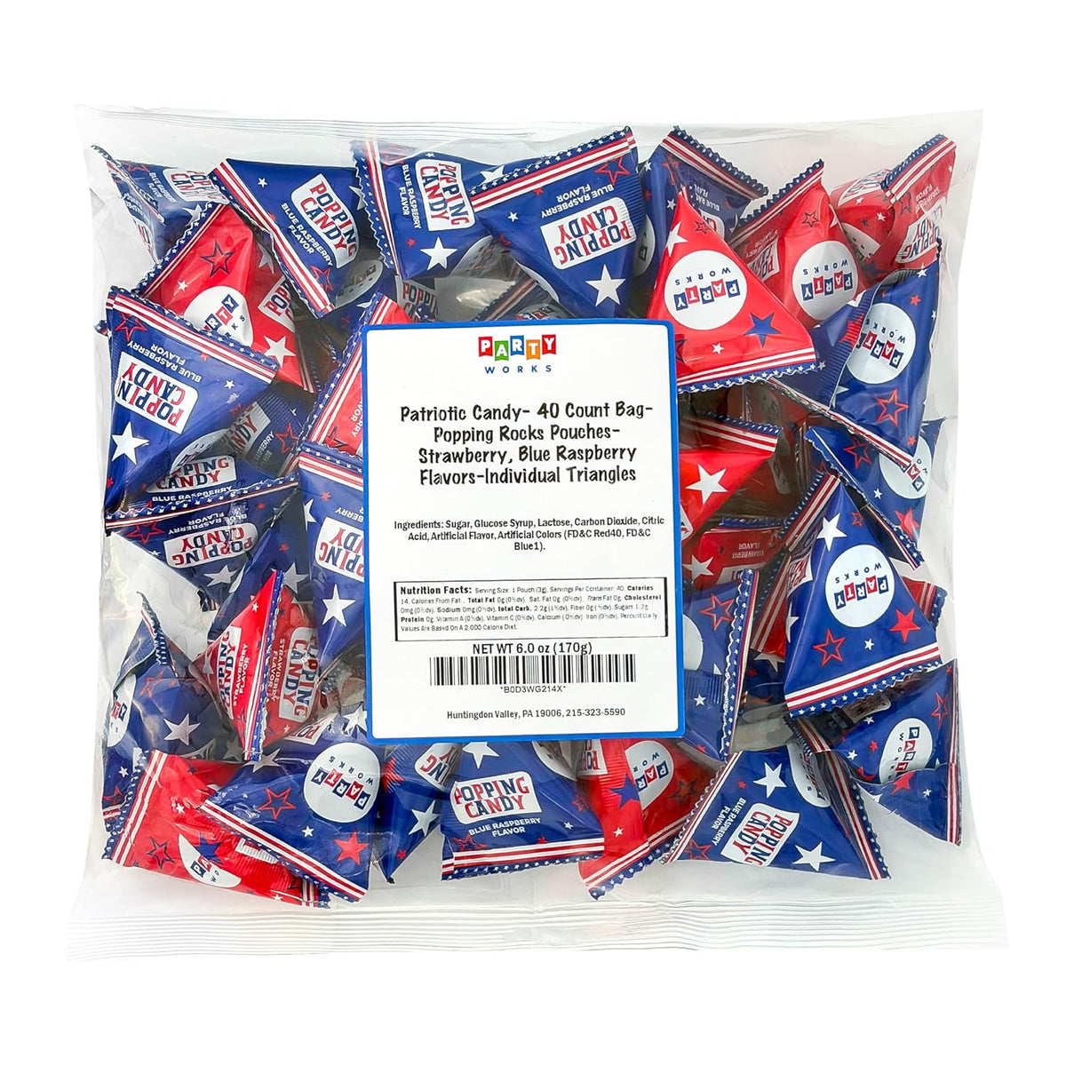 Patriotic Candy - 40 Count Pack - Popping Rocks Pouches - 4th of July Candy - Strawberry and Blue Raspberry Flavors - Individually Wrapped Party Favors by PartyWorks