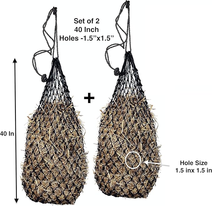 Majestic Ally 2 pcs Ultra Slow Feed 1.5"x1.5" Holes 40” Hay Net for Horses and livestocks (Black)