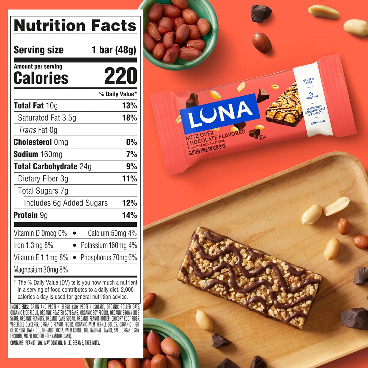 LUNA Bar - Nutz Over Chocolate Flavor - Gluten-Free - Non-GMO - 7-9g Protein - Made with Organic Oats - Low Glycemic - Whole Nutrition Snack Bars - 1.69 oz. (15 Count)