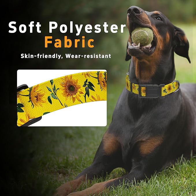 Dog Collar, Floral Boys Girls Puppy Collar, Adjustable Soft Pet Collar with Safety Buckle for Small Medium Large Dogs (Yellow Sunflower, XS)