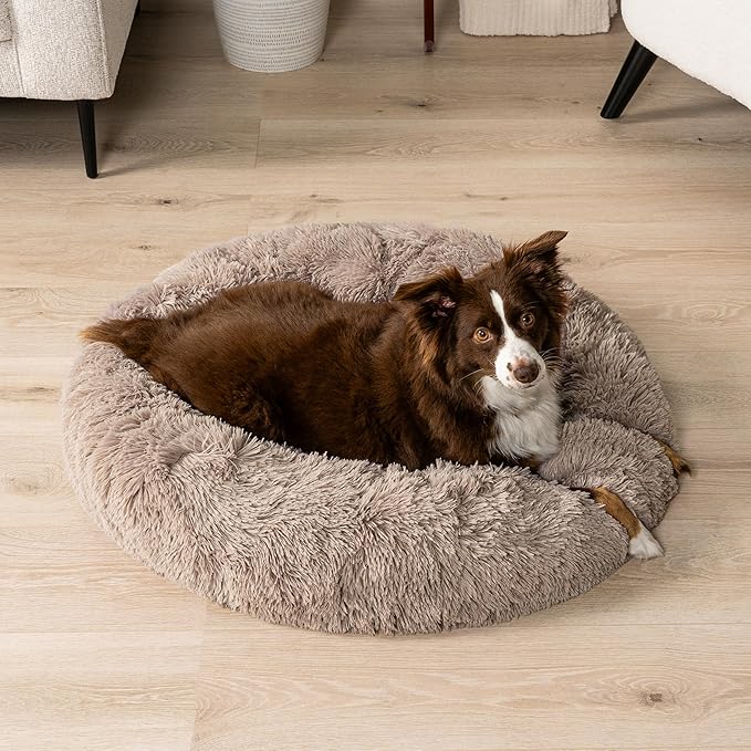 PetAmi Calming Dog Bed for Small Medium Dog Cat, Round Donut Dog Bed Washable, Fluffy Faux Fur Plush Cuddler Pet Kitten Cushion Bed, Anti-Slip, Fits up to 45 lbs, 30 inch, Taupe