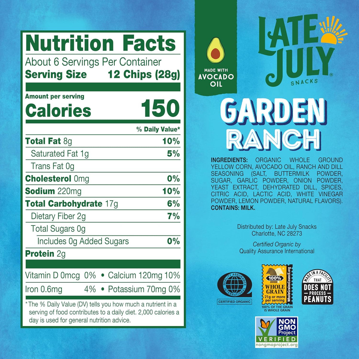 LATE JULY Snacks Garden Ranch Tortilla Chips, 6 Oz Bag