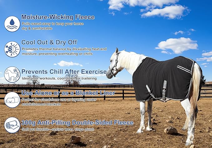 Horse Fleece Cooler, Blanket Liner - 300g Anti-Pilling Fleece, Moisture-Wicking, Cooling & Drying for Post-Workout, Bath & Travel, Prevent Overheating & Chilling Black 72
