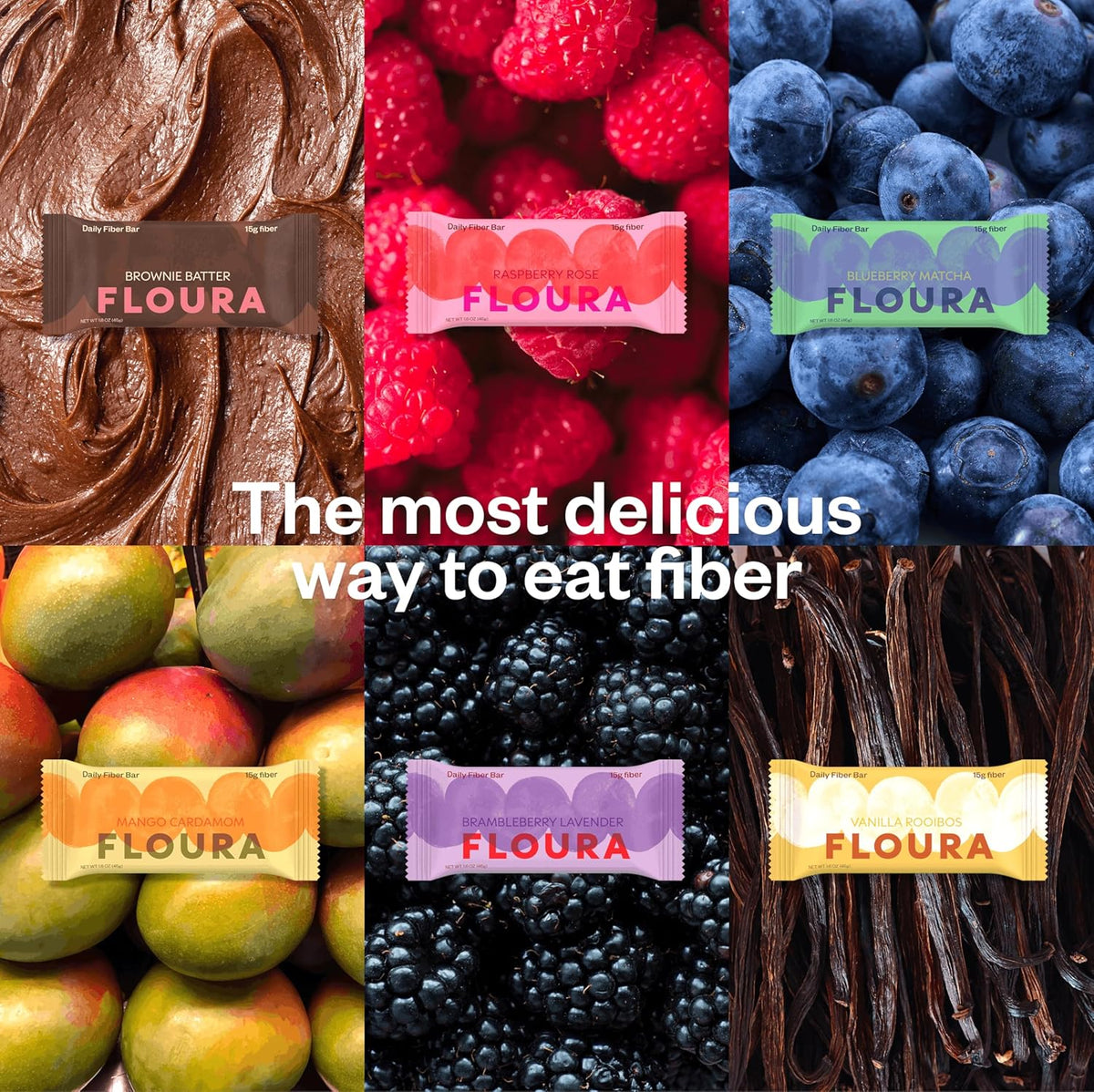 Floura Variety Pack Fruit-Forward Fiber Bars– High Fiber, Vegan, Gluten & Dairy Free, Low Calorie Healthy Snack Bars with Upcycled Produce for Gut Health [12 Pack- 2 of Each Flavor]