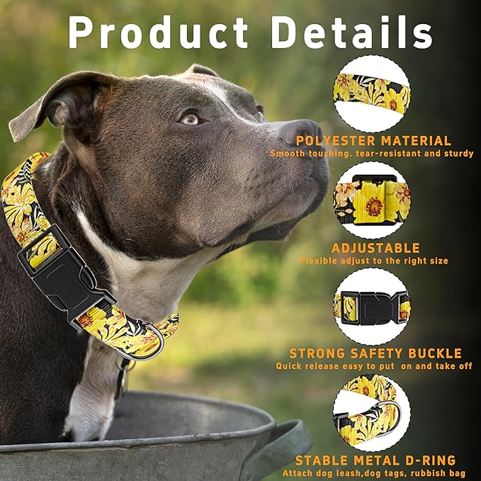 Dog Collar for Boys & Girls, Adjustable Soft Floral Pattern Pet Collar with Safety Buckle for Small to Large Dogs (Yellow, XL)