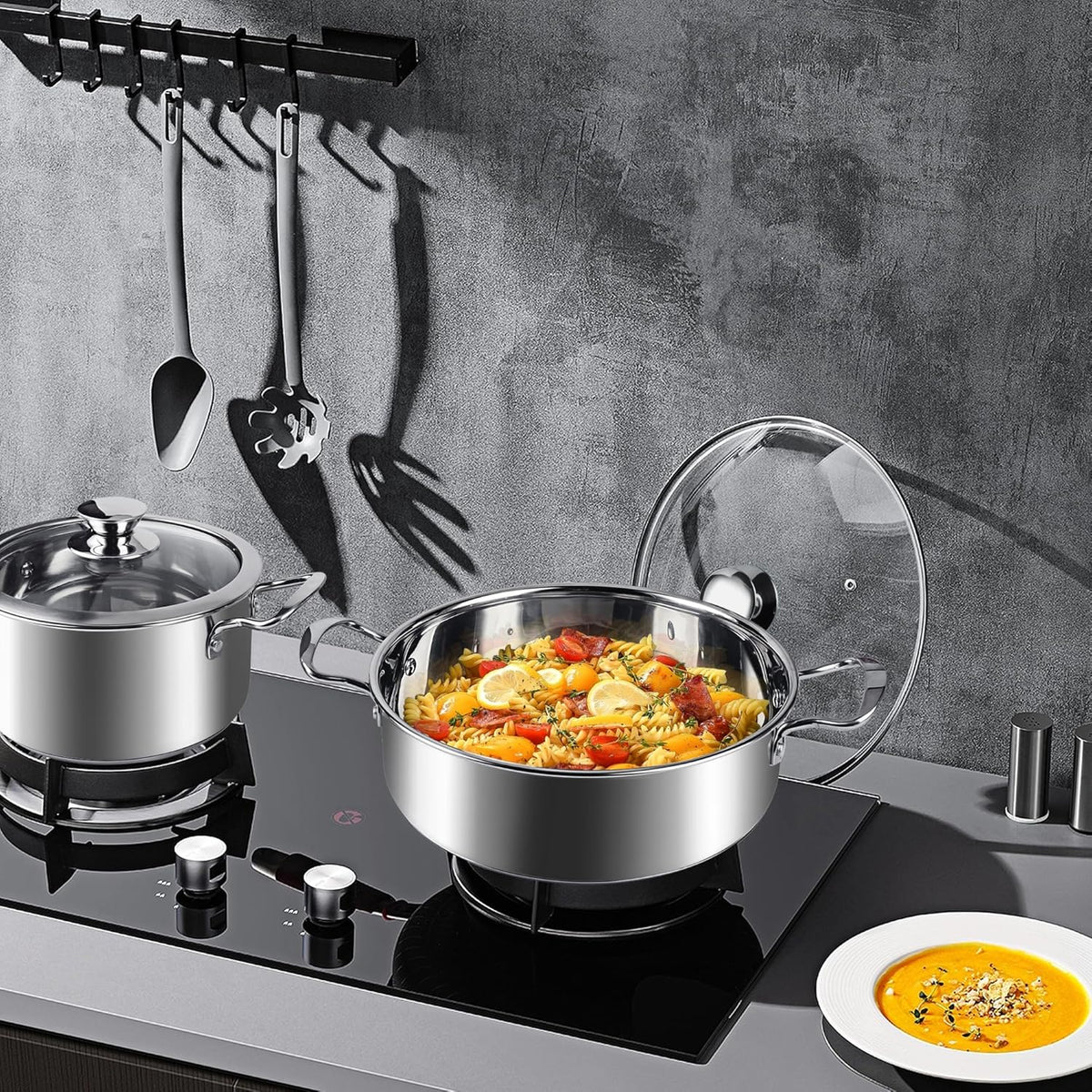 Stainless Steel Pots and Pans Set, 6 Piece Kitchen Induction Cookware Sets with Glass Lids, Works with Induction, Electric and Gas Cooktops, Non Toxic, Oven & Dishwasher Safe