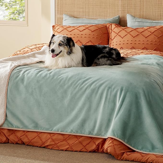 Bedsure Waterproof Blanket for Bed - Sherpa Fleece Waterproof Dog Blankets for Large Dogs, Pet Blankets for Bed/Couch/Dog Crate, Soft Plush Reversible Furniture Protector, Twin, 80"x60", Light Green