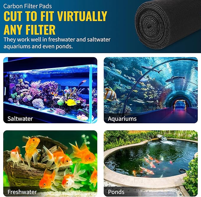CFS – Pack of 1, Cut to Fit Carbon Infused Filter Pad Media for Clean & Clear Fish Tank and Ponds – Fresh & Filtered Water for Aquariums – Charcoal Filter Pads – Black – 10.5" x 72"