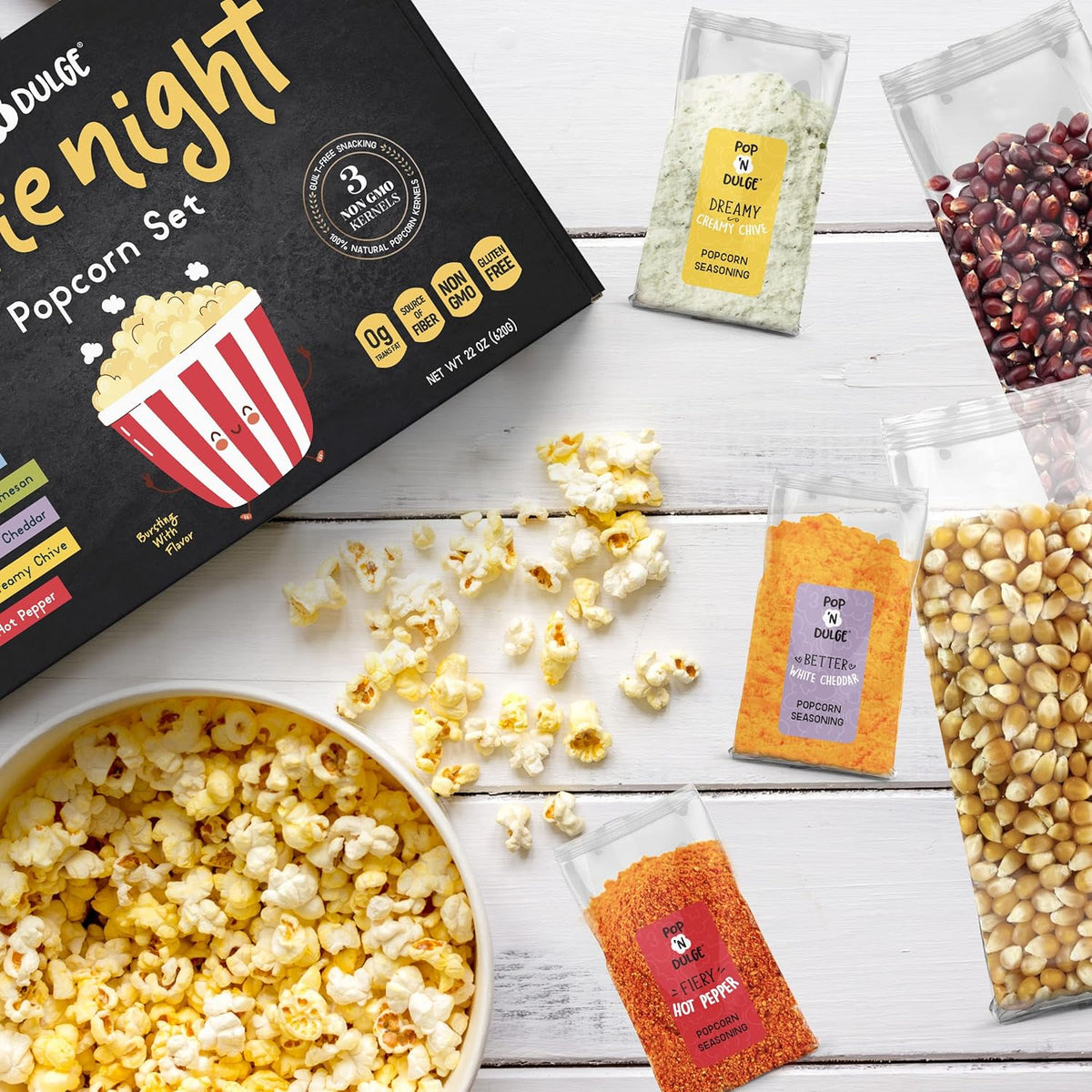 Pop n' Dulge popcorn movie night gift set with 5 gourmet kernels and 5 seasoning packs - 16 piece non-GMO kosher snacks