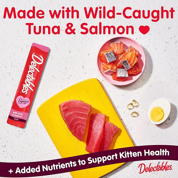 Delectables Squeeze Up Kitten Creamy Squeezable Puree, Lickable Wet Cat Treats, Grain Free, No Added Fillers, No By-Products, No Added Preservatives, 0.5 Ounces Tube Tuna & Salmon, 32 Tubes Total