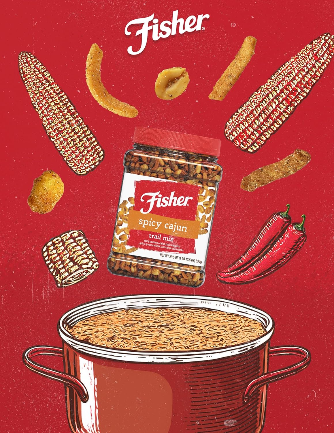 Fisher Snack Spicy Cajun Trail Mix, 29.5 oz (Pack of 1), Resealable Jar, Bold & Crunchy Snack Mix with Peanuts, Corn Nuggets, Sesame Sticks, and Corn Sticks, Mildly Spicy Party Trailmix, Snacks for Adults