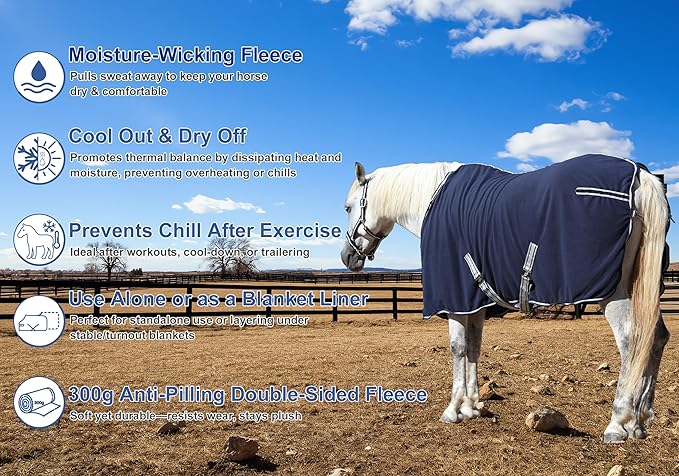 Horse Fleece Cooler, Blanket Liner - 300g Anti-Pilling Fleece, Moisture-Wicking, Cooling & Drying for Post-Workout, Bath & Travel, Prevent Overheating & Chilling Navy 69
