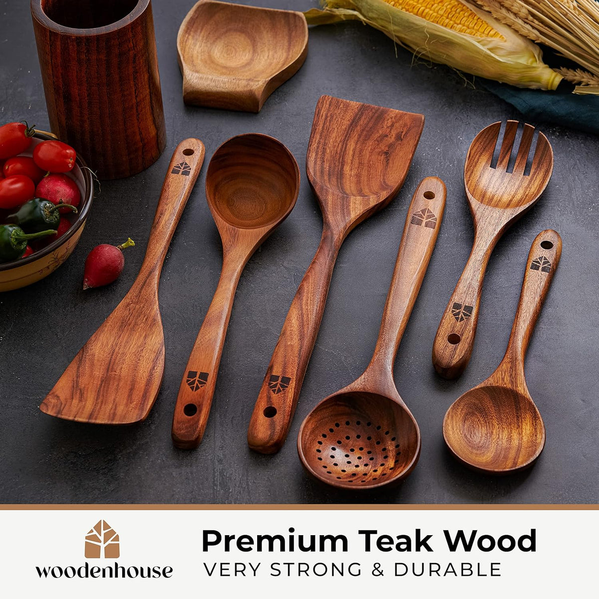 Wooden Utensil Set 8 Pcs – Sturdy & Easy to Clean, Natural Teak Wooden Spoons for Cooking – Non-Scratch Cooking Utensils with Spatula, Turner, Ladle, Spoons, Holder, Spoon Rest, 6 Hooks Kitchen Gifts