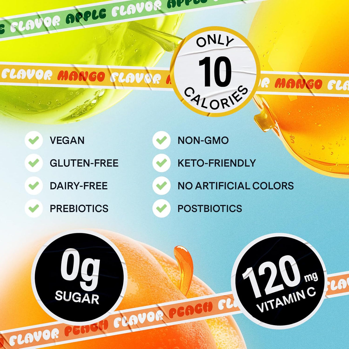 Dally Variety Pack [Mango, Peach & Apple] Drinkable Konjac Jelly 10 Pouches | 10-Calorie Keto, Gluten Free, Sugar Free Korean Fruit Snack | Prebiotics & Postbiotics for Skin, Immune, Weight Management