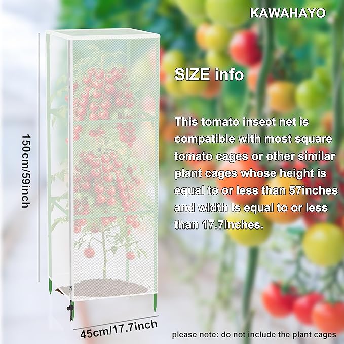 Garden Bird Netting Plant Cover for Square Tomato Cage, 59" x 17.7" Insect Barrier Tomato Cage Net with Zipper and Drawstring, Tomato Trellis Netting Protection Cover for Protecting Plant (6 Pack)