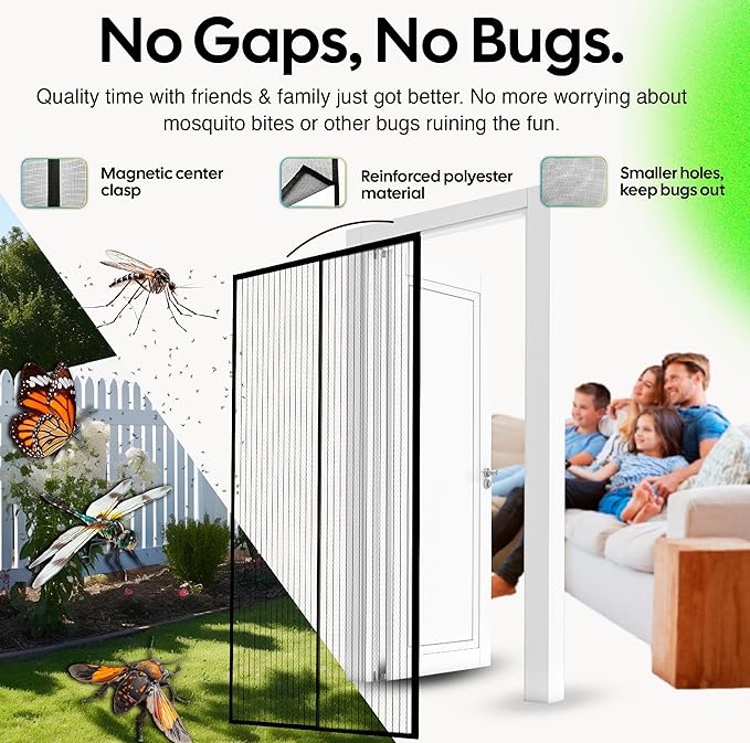 UnBugs Magnetic Screen Door - Fits Doors up to 36 x 82 Inches MAX - Pet & Kid Friendly, Self-Closing - Hands Free Magnet Closure Keeps Bugs Out & Breeze in