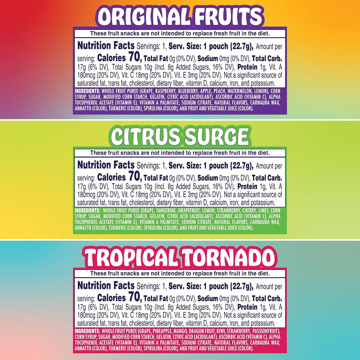 Welch's Fruit Snacks, Juicefuls Fusions, Three Unique Flavor Snack Packs, Citrus Surge, Tropical Tornado, Original Fruits, Gluten Free, No Artificial Dyes & Flavors, 0.8oz (Pack of 50)