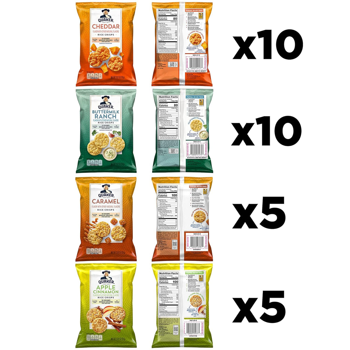 Quaker gluten-free rice crisps, 4 flavor mix, single serve, 30 count