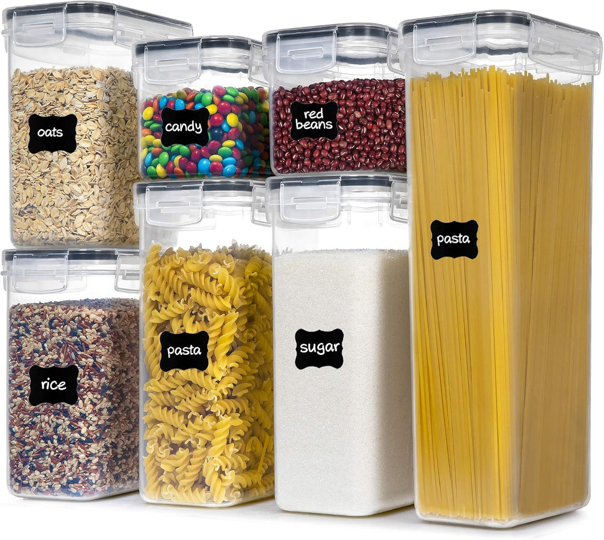 Airtight Food Storage Containers with Lids, 7 PCS BPA Free Kitchen Canisters for Spaghetti, Pasta, Dry Food, Flour and Sugar, Plastic Canisters for Pantry Organization and Storage