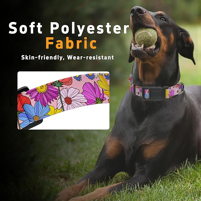 Dog Collar, Pink Floral Boys Girls Puppy Collar for Small Medium Large Dogs, Adjustable Soft Floral Pet Collar with Safety Buckle for Male Females(Pink Floral, L)